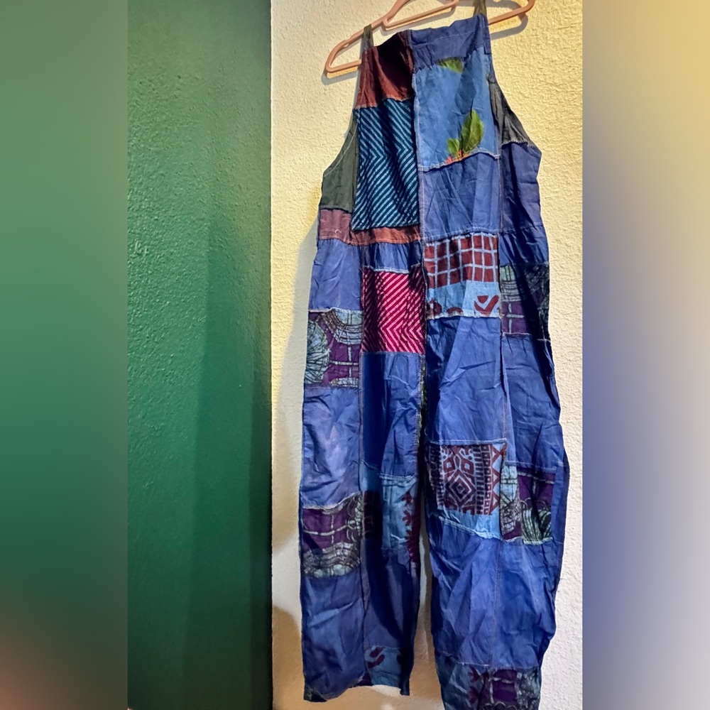 Ashley Taylor Patchwork Overalls Jumpsuit Boho Hippie One Size 100% Cotton NWT - Picture 2 of 9